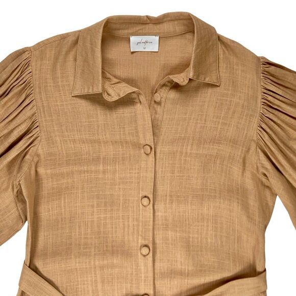 Girl And The Sun Dress Womens Size Medium Tan Linen Button Front Summer Mini - Picture 3 of 16